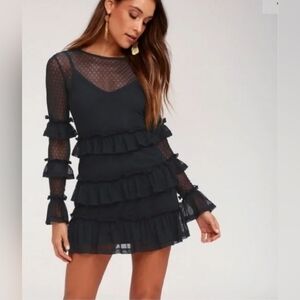 The Fifth Label Dark Blue Navy Elegant Trsnparency Black Ruffle Dress